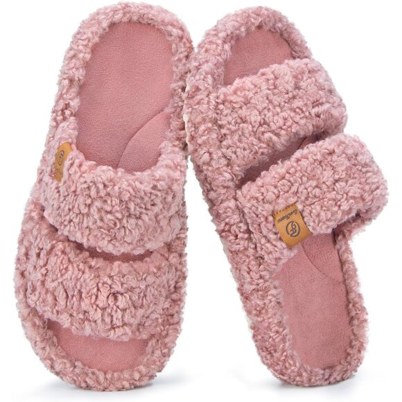 ⚡Women's Dusty Rose Fuzzy Open Toe Slippers Soft Comfy Memory Foam House Shoes - Picture 1 of 8